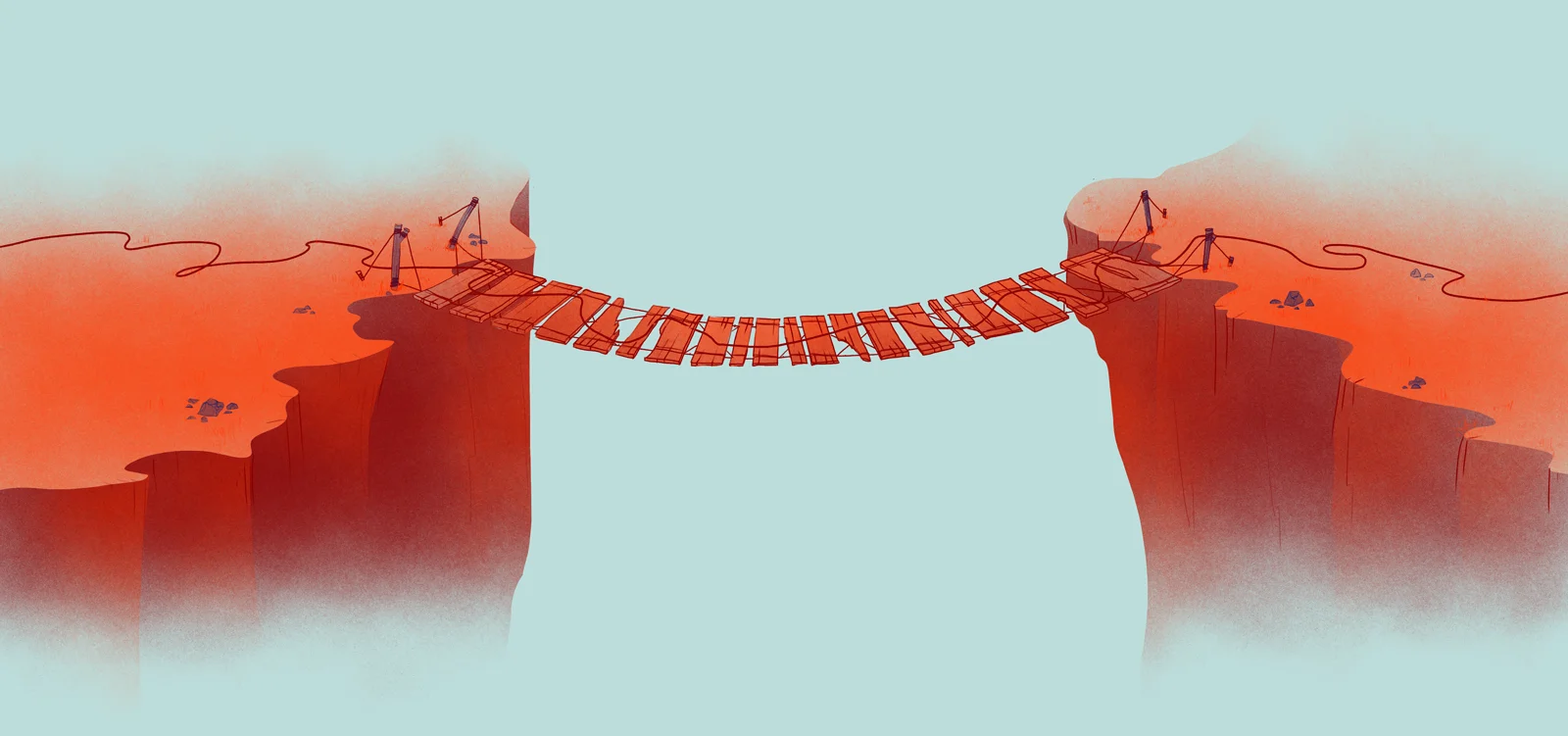 An old rope-and-plank bridge between two red cliffs, with the red thread running along it.