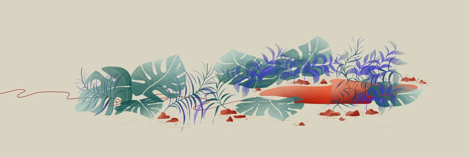 The red thread disappearing among large leaves and rocks at the entrance of the cave.